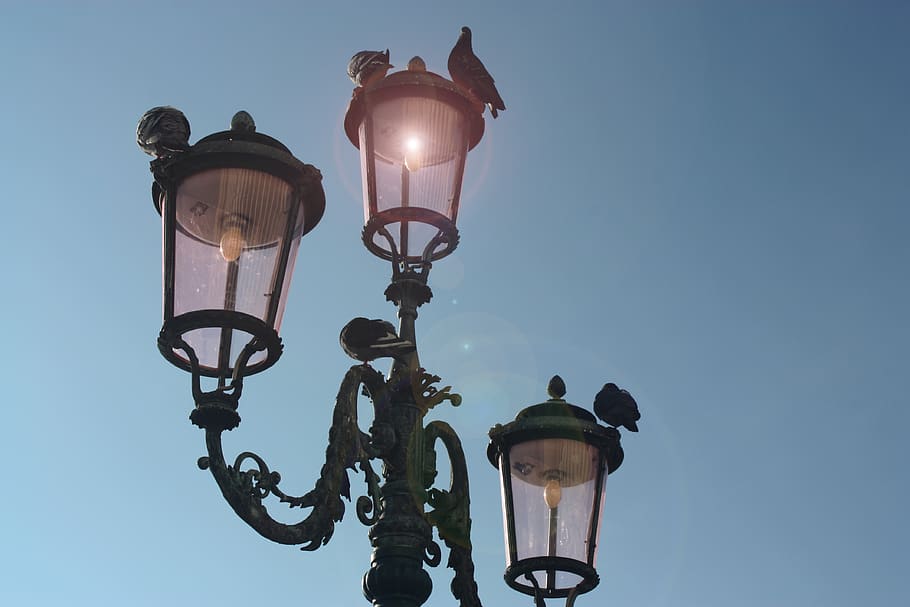 Black 3-light Post Lamp Under Blue Sky, antique, architecture HD wallpaper