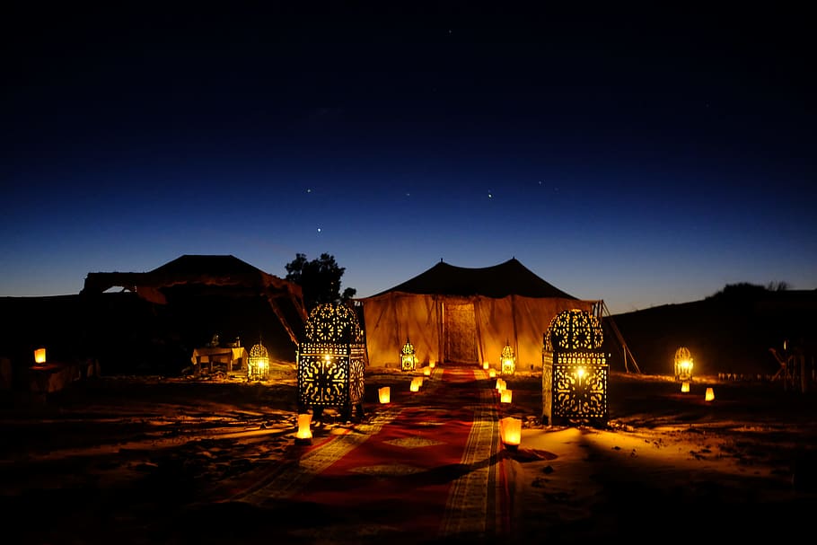 Brown Canopy Tent With Yellow Lights, architecture, backlit, color HD wallpaper