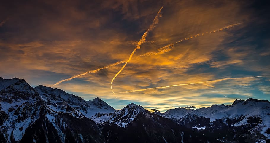 landscape photography of mountain range, ridge, cloud, sky, orange HD wallpaper