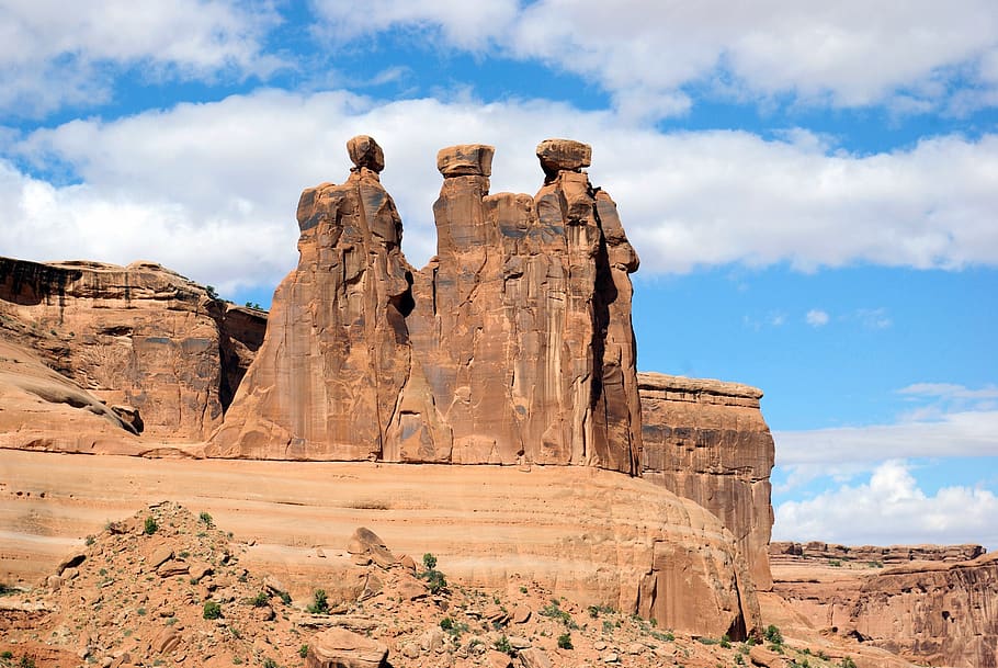 arches three sisters, eroded, rock, formation, 3, national, HD wallpaper