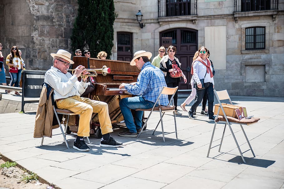 two men performing music, group of people, real people, sitting HD wallpaper
