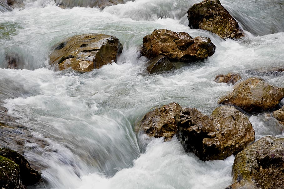 water, flow, stones, spray, wave, rock, rock - object, solid HD wallpaper