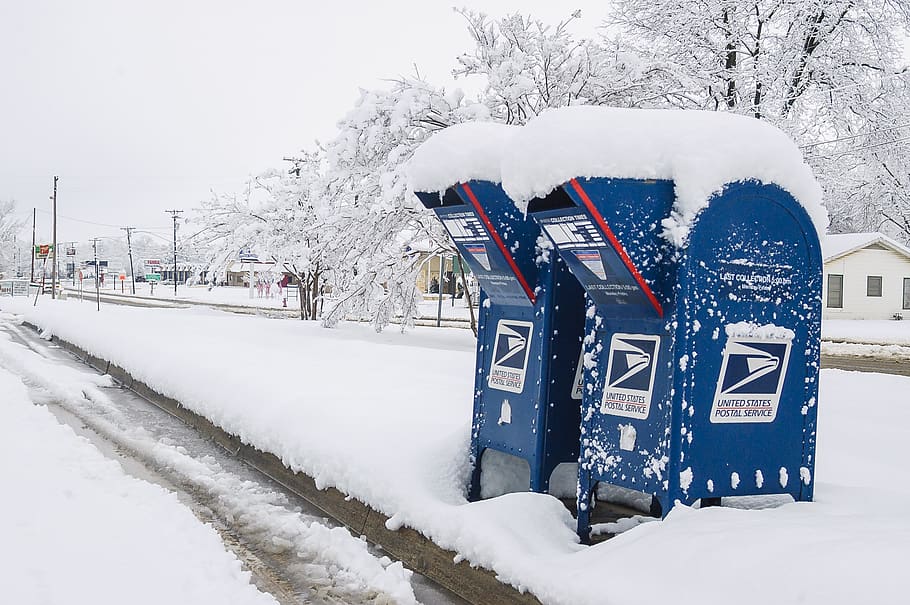 two blue-and-white mail boxes, snow, car, transportation, automobile