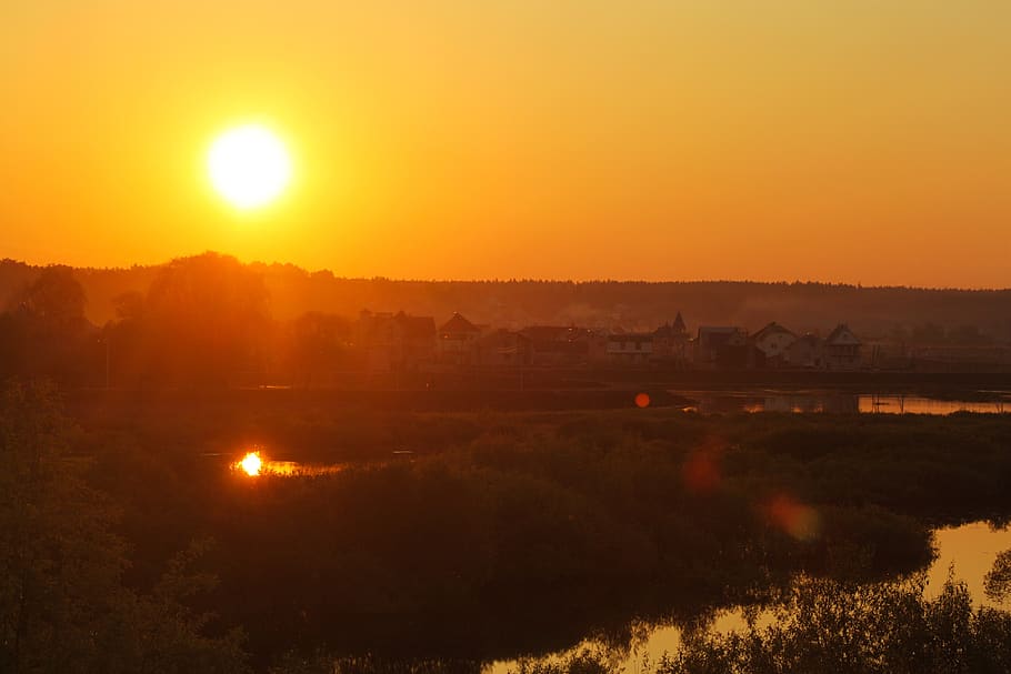 evening, sunset, river, landscape, nature, twilight, sky, architecture HD wallpaper