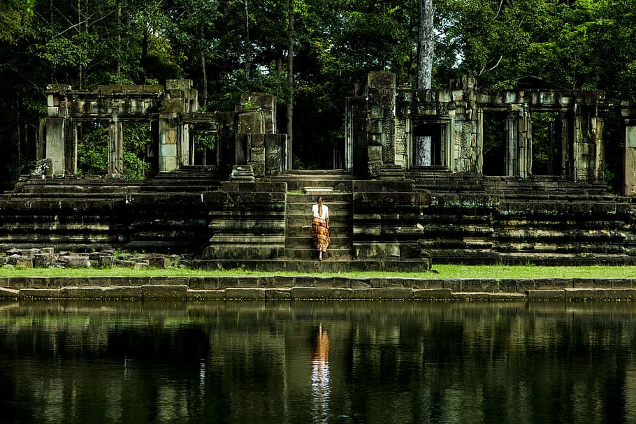 Woman Near Stairs If Gray Temple, ancient, architecture, buildings HD wallpaper