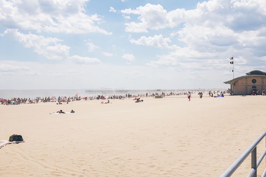 people on shore, beach, land, sand, cloud - sky, sea, water, crowd HD wallpaper