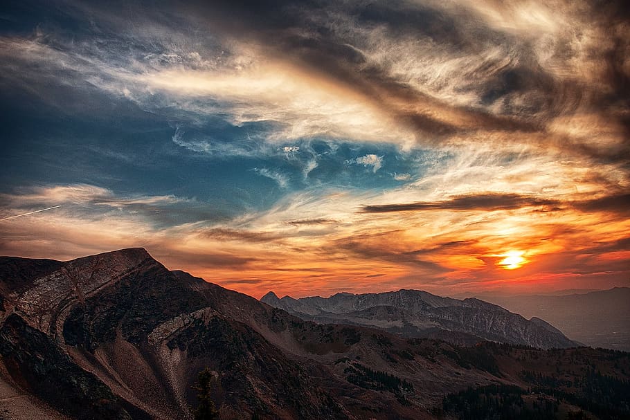 Aerial Photography of Mountains Under Orange and White Sky, beautiful HD wallpaper