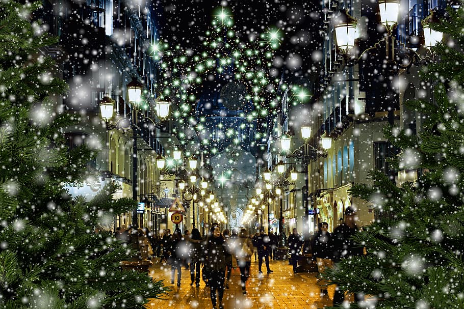 christmas, winter, pedestrian zone, downtown, shopping, evening, HD wallpaper
