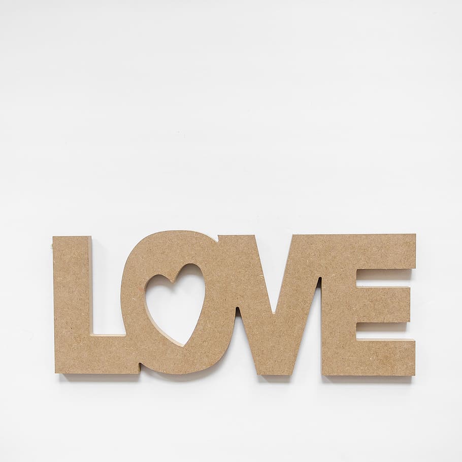 brown Love standee décor, studio shot, text, indoors, white background HD wallpaper