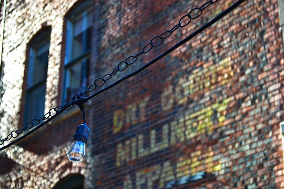 Clear Light Bulb, architecture, bricks, building, chain, colors HD wallpaper