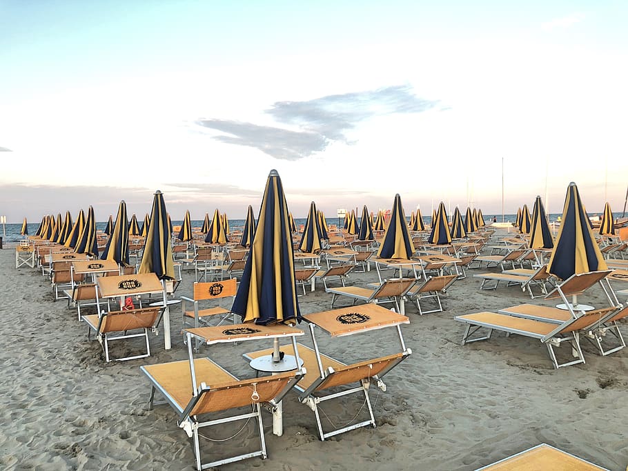 beach, sea, cervia, umbrellas, holidays, sky, chair, in a row HD wallpaper