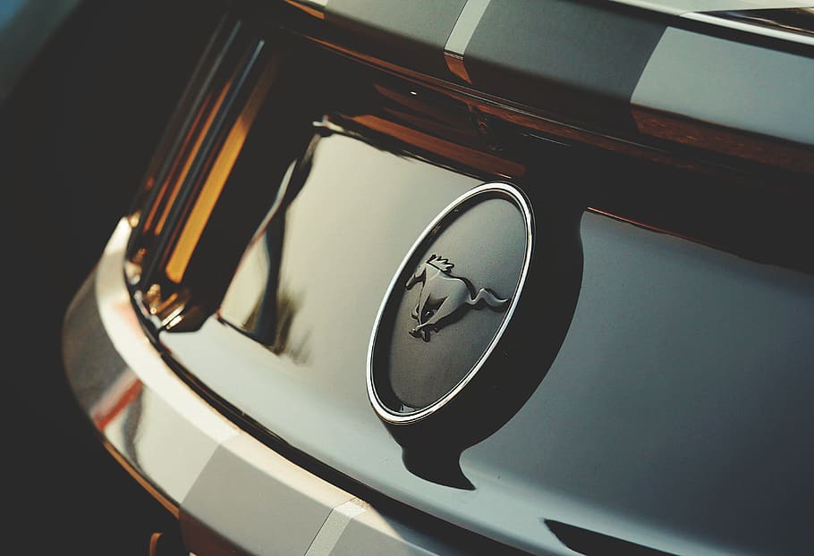 Ford Mustang emblem, close-up, indoors, no people, glasses, still life HD wallpaper