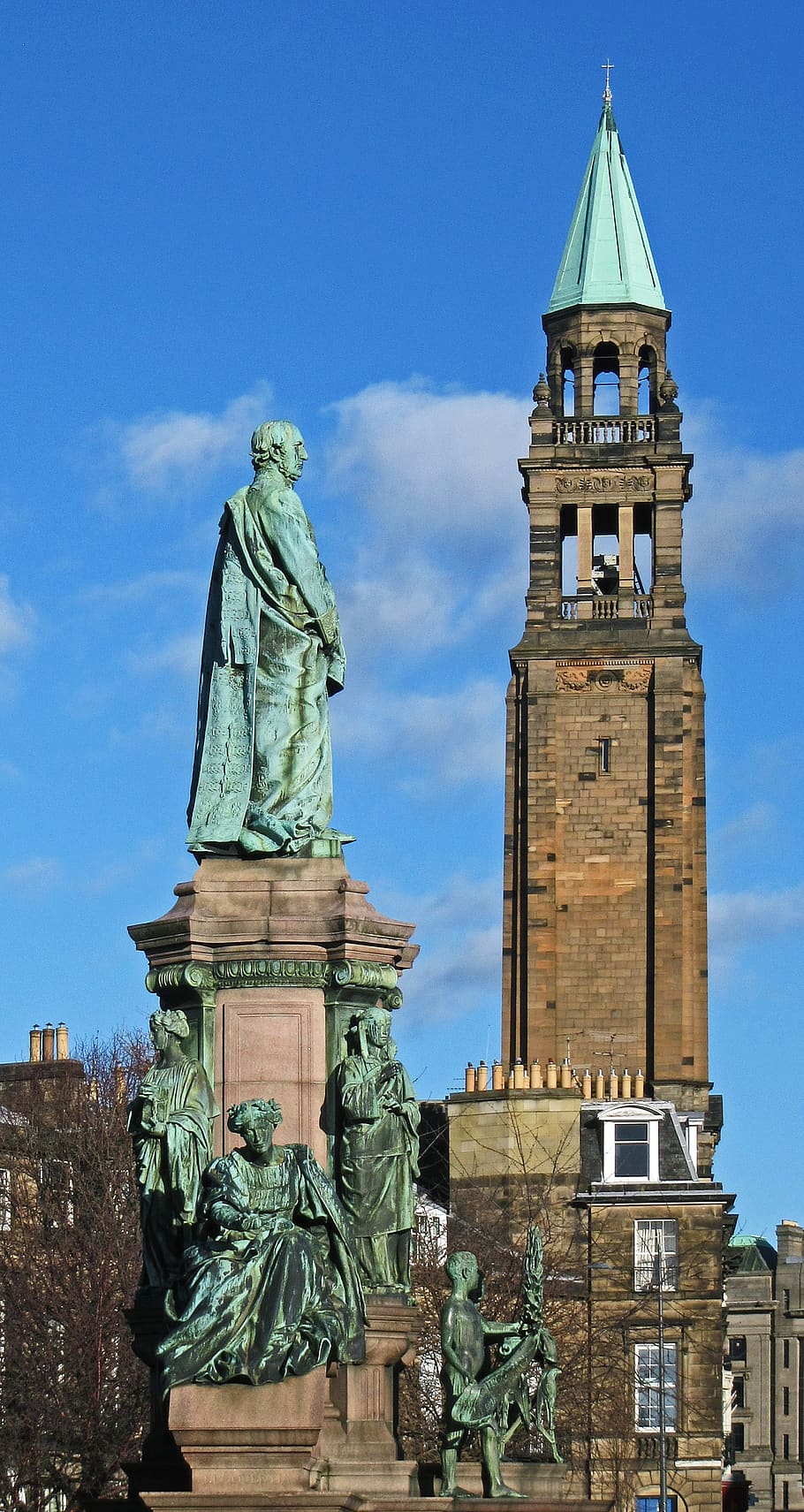 tower near man statue, architecture, building, monument, human HD wallpaper