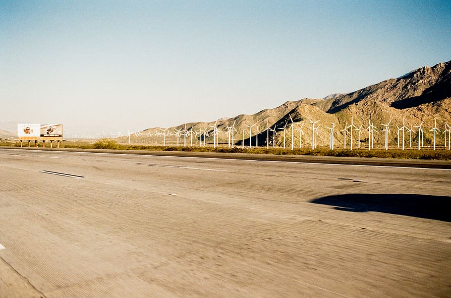 vintage, highway, mountain, progress, clean energy, wind turbine HD wallpaper