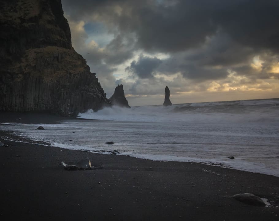 iceland, vik, ocean, black, nature, sunset, beach, sea, sky HD wallpaper