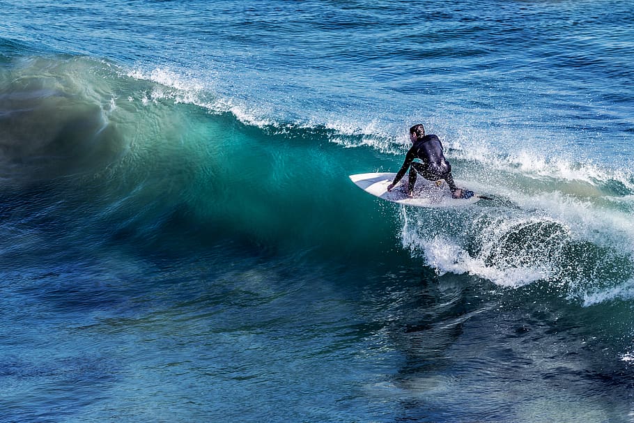 Man in White Surfboard, hobby, leisure, ocean, person, sea, sport HD wallpaper