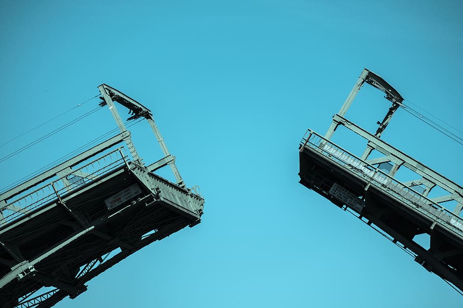 bridge, architecture, metal, sky, lines, drawbridge, industry HD wallpaper