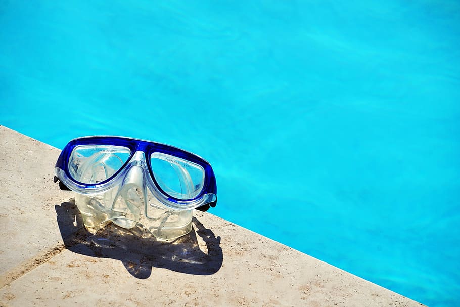 swimming, pool, blue, water, goggles, nature, sunlight, swimming pool HD wallpaper