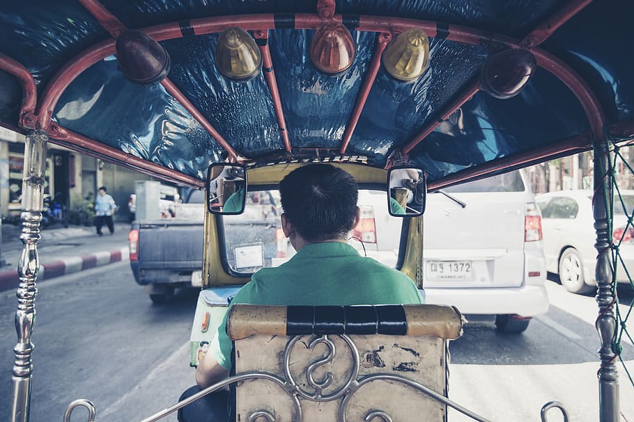 man driving rickshaw, rear view, transportation, mode of transportation HD wallpaper