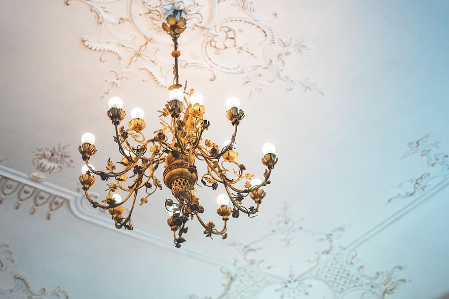 brown uplight chandelier, low angle view, lighting equipment HD wallpaper