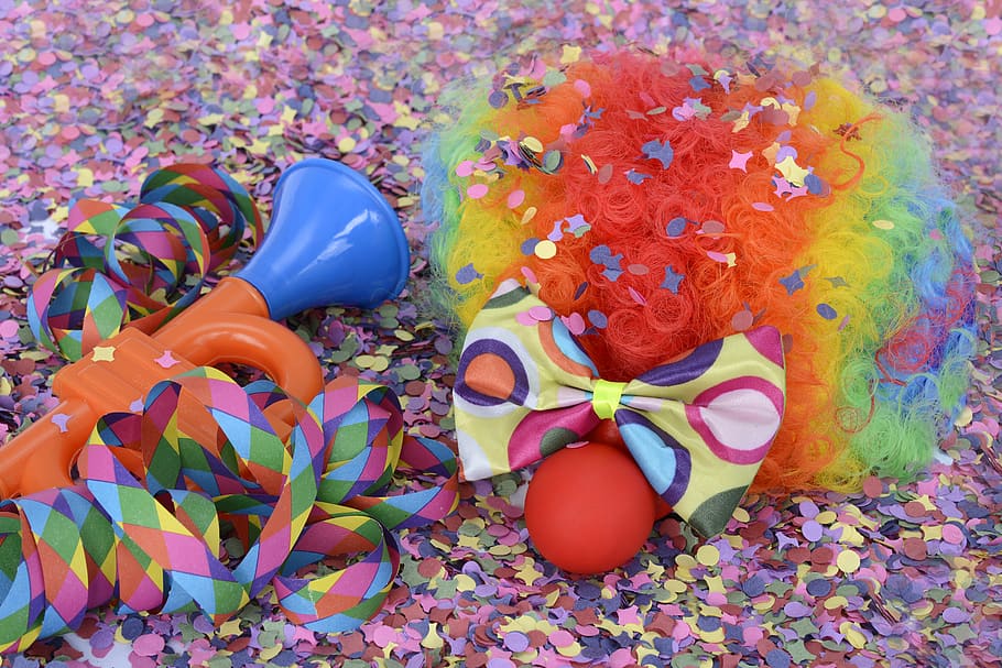 wig, confetti, streamer, colorful, clown, funny, carnival, carneval HD wallpaper