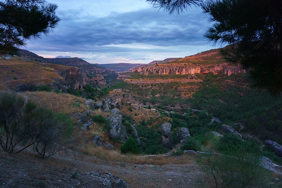 spain, cuenca, view, mountains, landscape, rocks, cliffs, sunset HD wallpaper