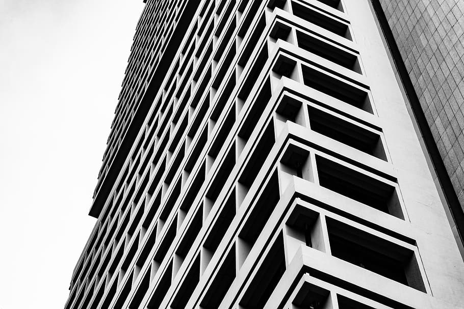 grayscale photo of multi-storey building, tower, skyscraper, black and white