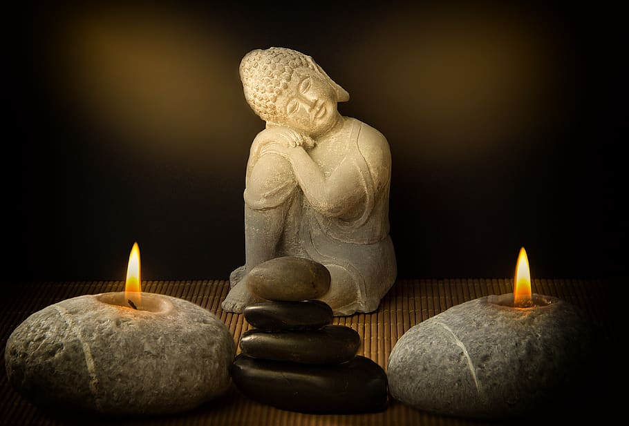 buddha, candles, stones, religion, buddhism, meditation, pray