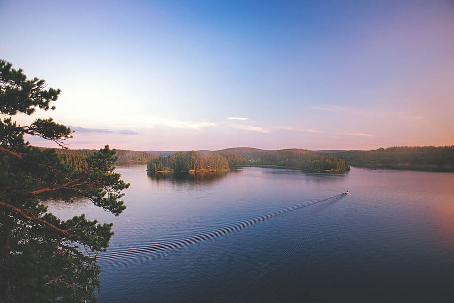 russia, lumivaara, sunset, lake, nature, karelia, trees, water HD wallpaper