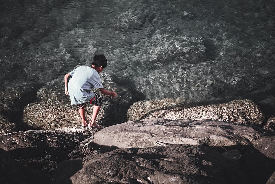 Boy Playing With Stick Near Water, action, adventure, child, daylight HD wallpaper