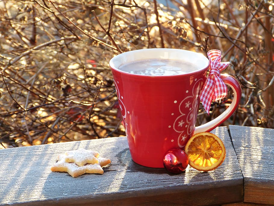 Red Ceramic Mug Beside Cookie on Brown Wooden Surface, beverage HD wallpaper