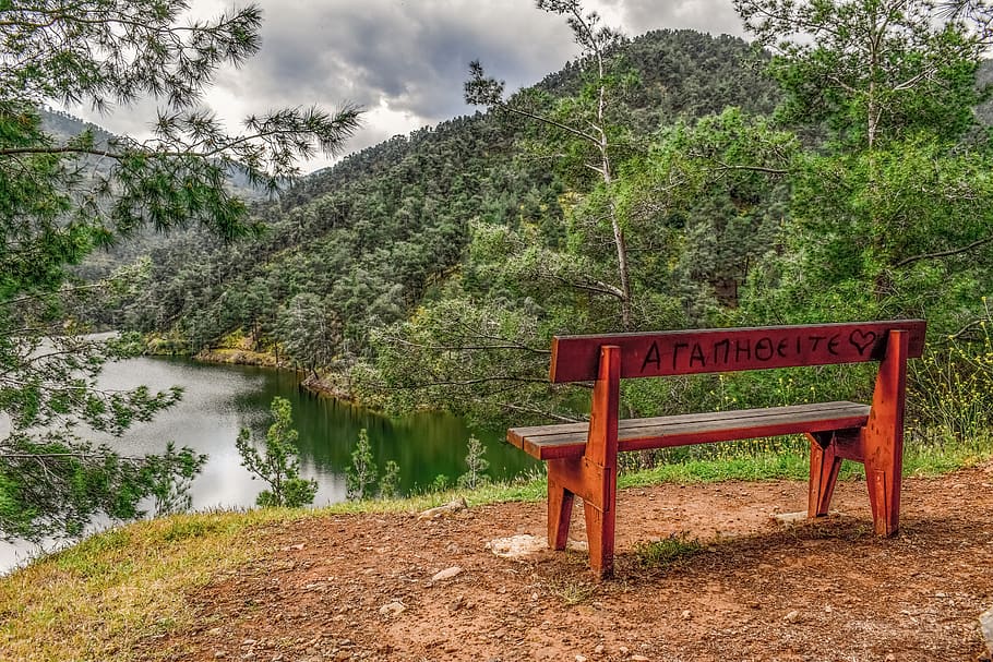 dam, lake, mountains, bench, message of love, view point, landscape HD wallpaper