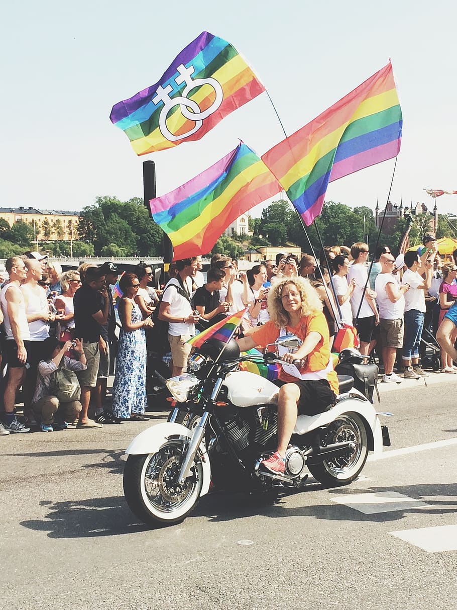 sweden, stockholm, lgbt, gay pride, motorcycle, woman, flag