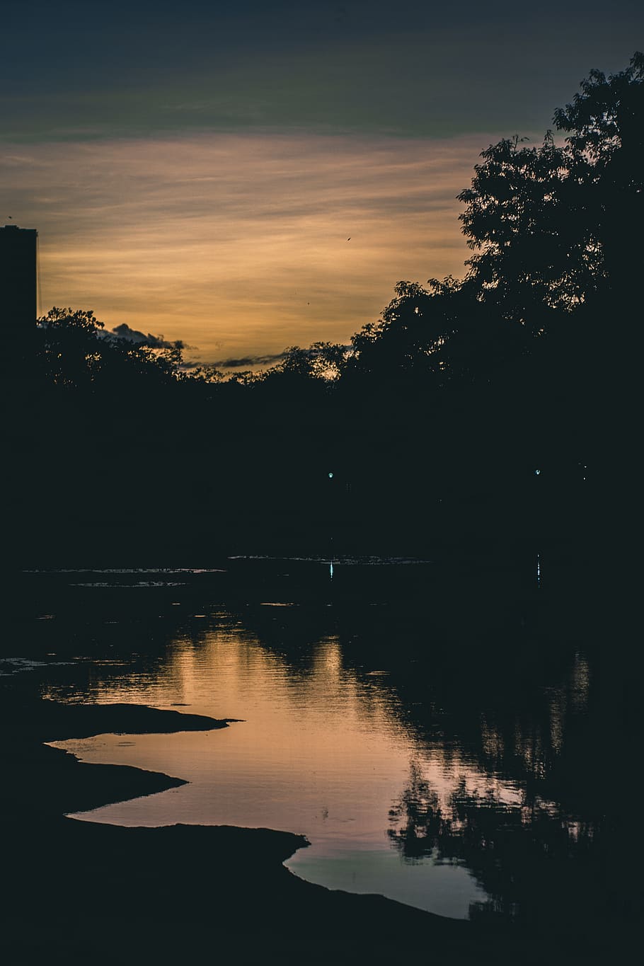 lake, nature, shadows, sunset, moody, reflection, water, tree HD wallpaper