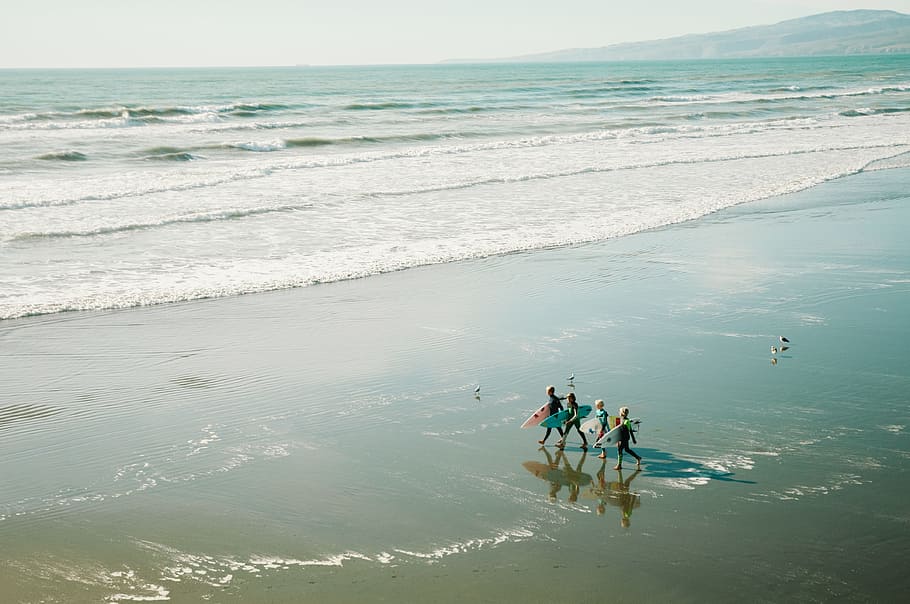 Surfer, kid, activity, healthy, nature, sea, water, flow, shore HD wallpaper