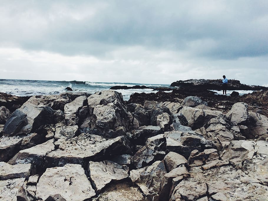 ocean, sky, waves, clouds, shore, rocks, view, alone, boulders HD wallpaper