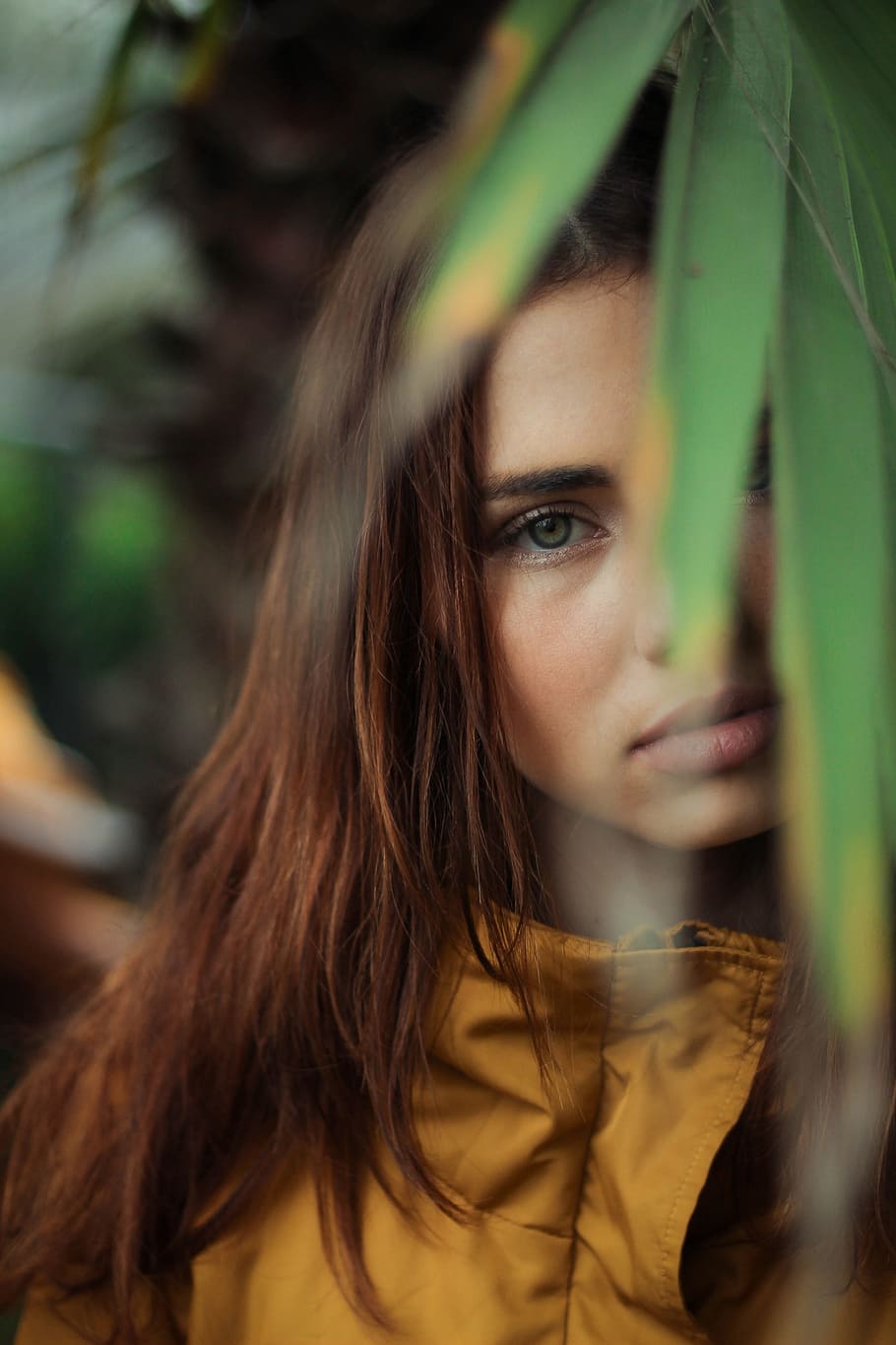 woman standing at back of leaf, person, eye, face, foliage, portrait HD wallpaper