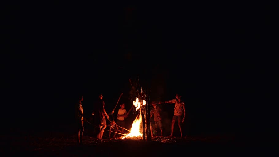 people surrounded bone fire, person, human, bonfire, flame, promontory HD wallpaper