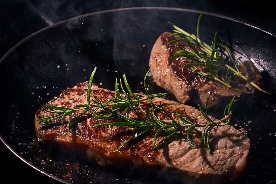 steak, pan, rosemary, food, meat, beef, delicious, barbecue, HD wallpaper