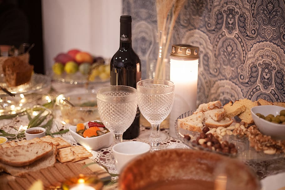 foods and wine bottle on table, glass, drink, alcohol, beverage