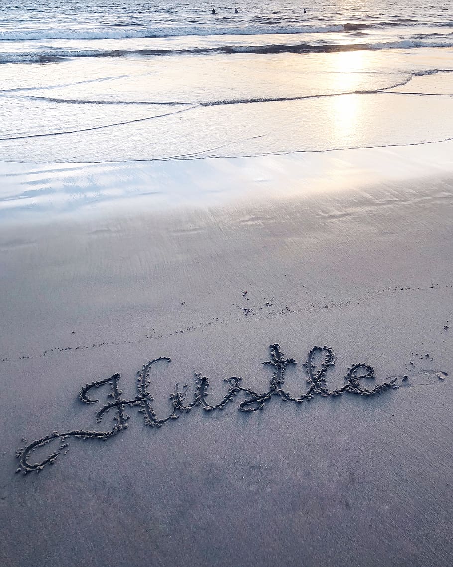 hustle text, nature, outdoors, sand, ocean, beach, shoreline HD wallpaper