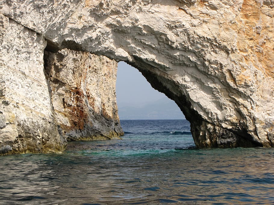 greece, zakynthos, seascape, water, arch, solid, natural arch HD wallpaper