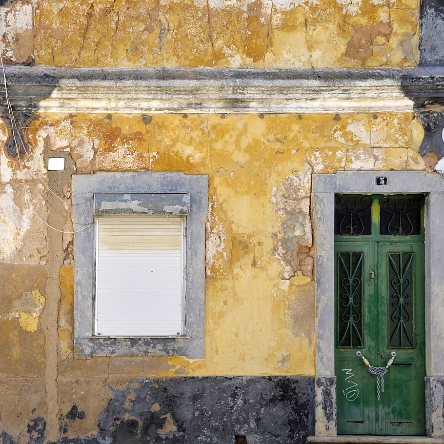 door, wall, home decor, window, decay, green door, curtain HD wallpaper