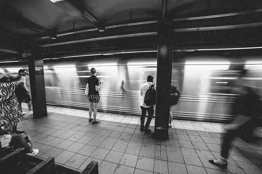 people standing on train station, blurred motion, public transportation HD wallpaper