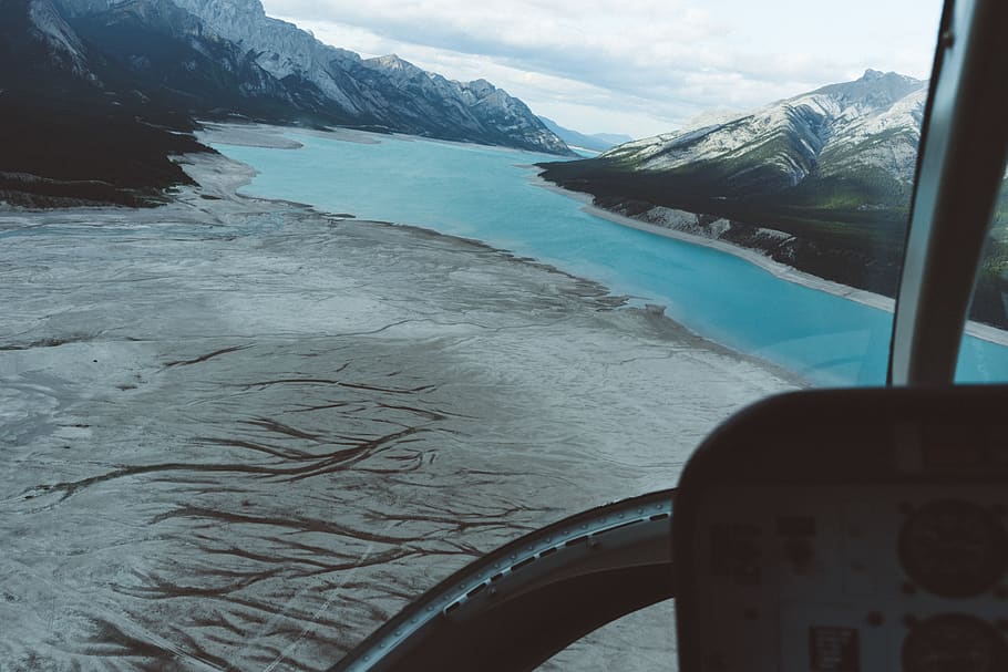 helicopter, lake, abraham lake, banff, jasper, national park, HD wallpaper