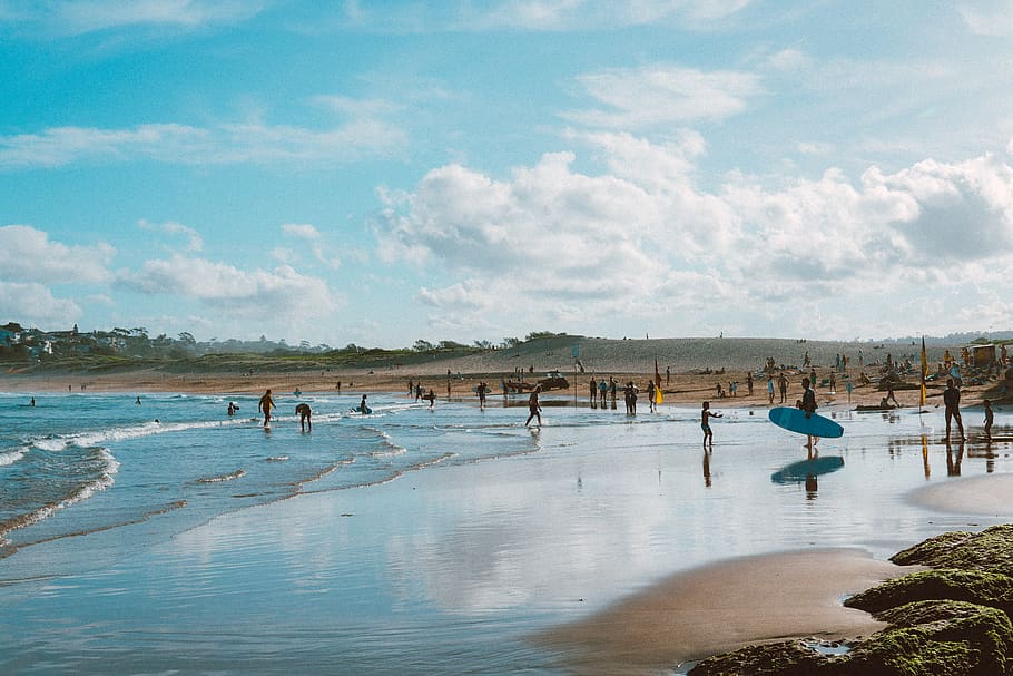 People on Beach Under Cloudy Sky, beautiful, enjoyment, fun, landscape HD wallpaper