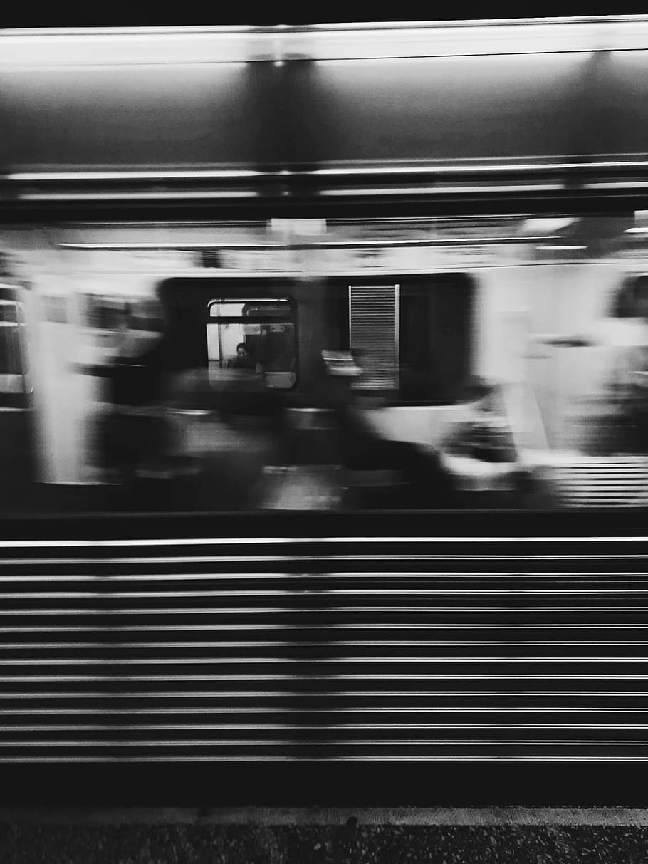 Time-Lapse Photography of Train, black-and-white, blur, commuters