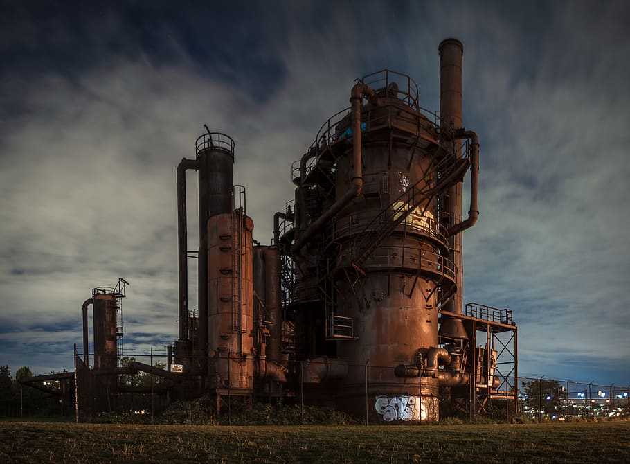 brown steel abandoned factory, refinery, building, united states, HD wallpaper