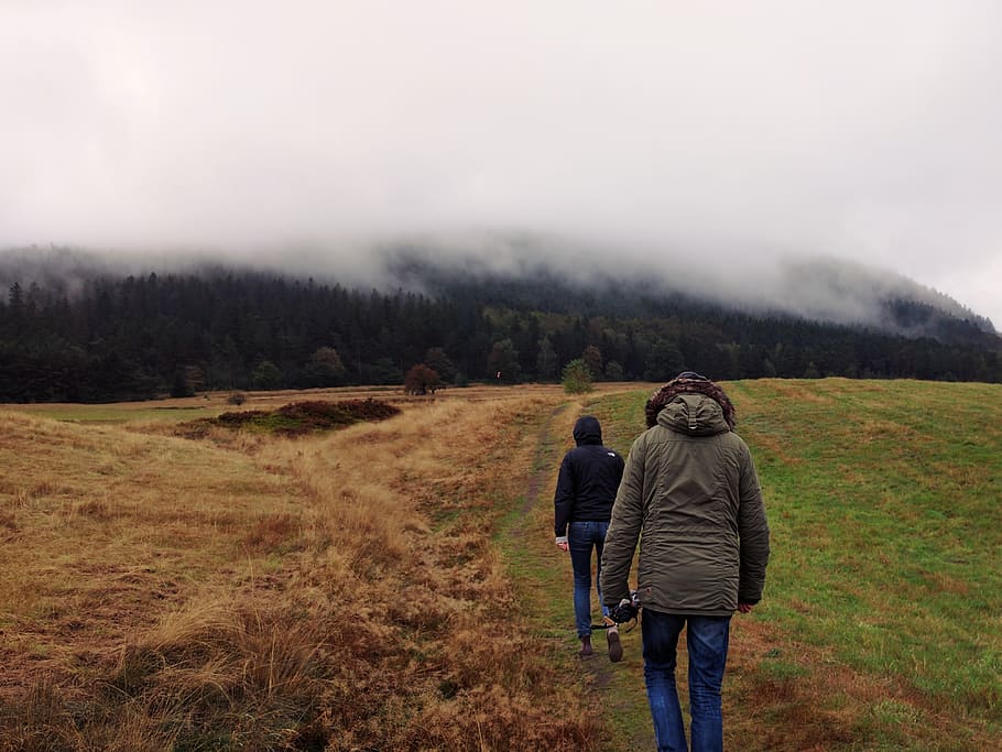 Two People Walking On Field , clouds, cropland, daylight, fog HD wallpaper