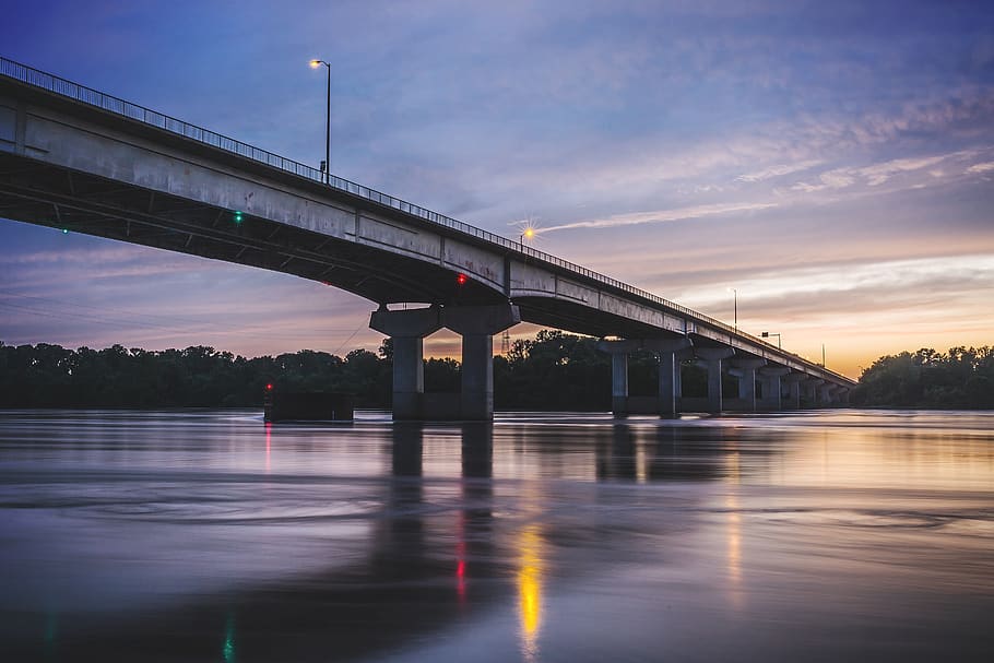 gray concrete bridge, river, sunset, sky, lake, water, reflection HD wallpaper